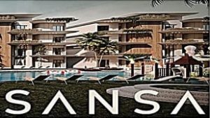 a building with palm trees and a pool